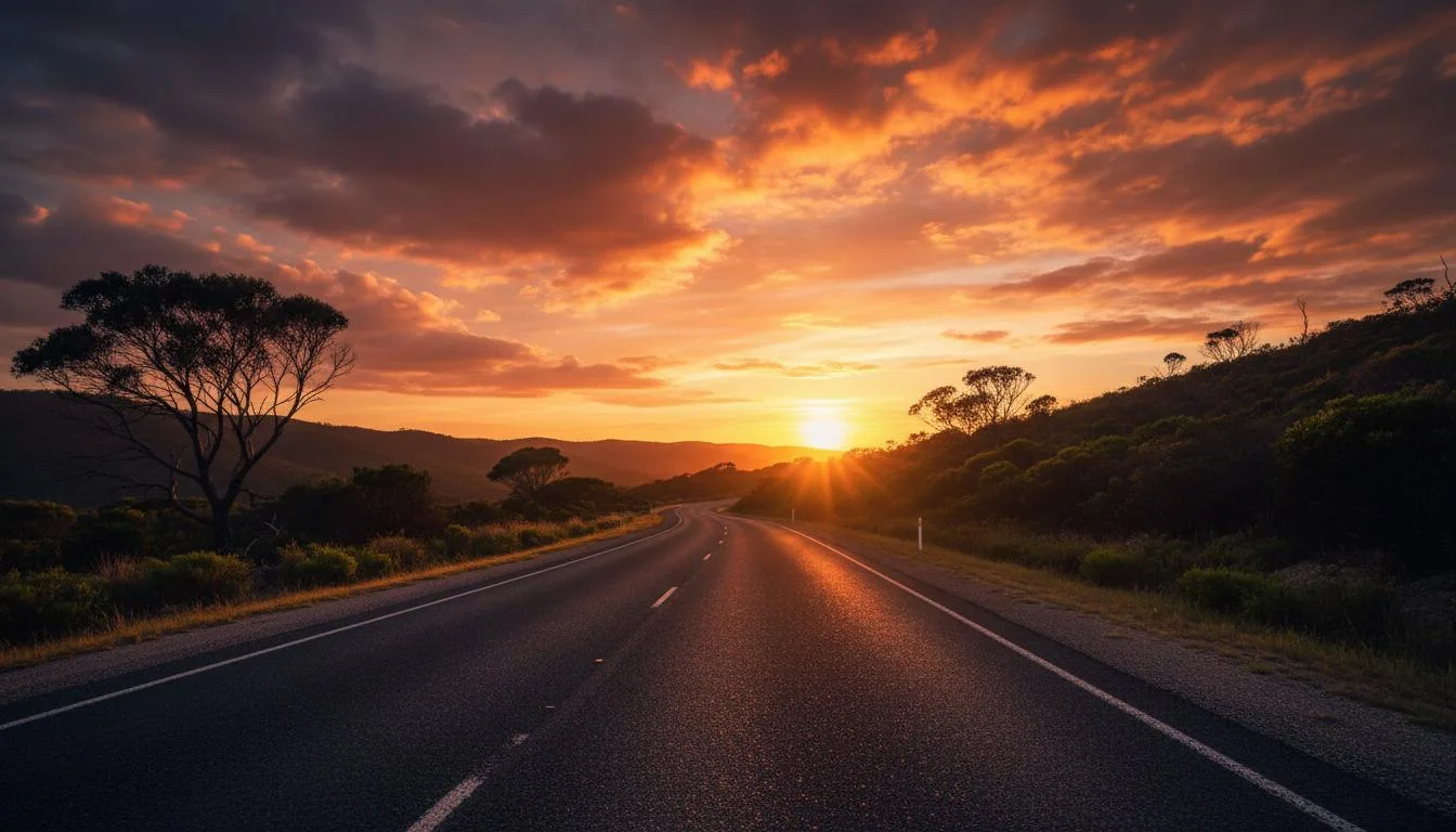 Sunset over a winding coastal Australian road